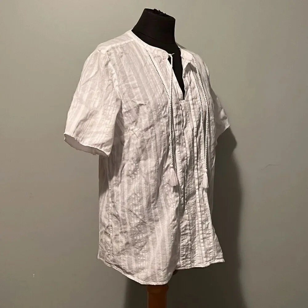 Westport Women's White Striped Lace Short Sleeve Neck Tie Top Size Large